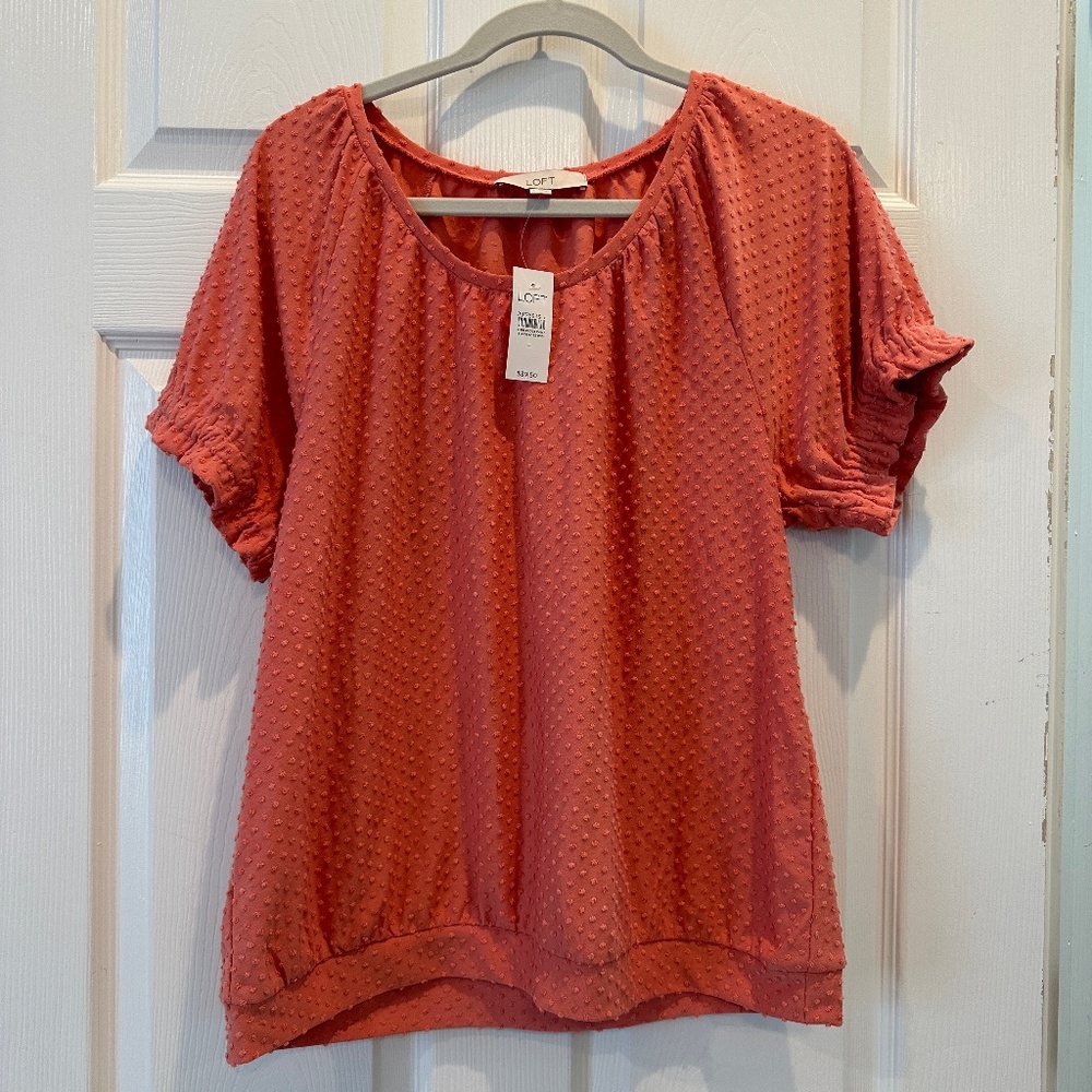 Coral Swiss Dot Loft Short Sleeved Blouse L NWT